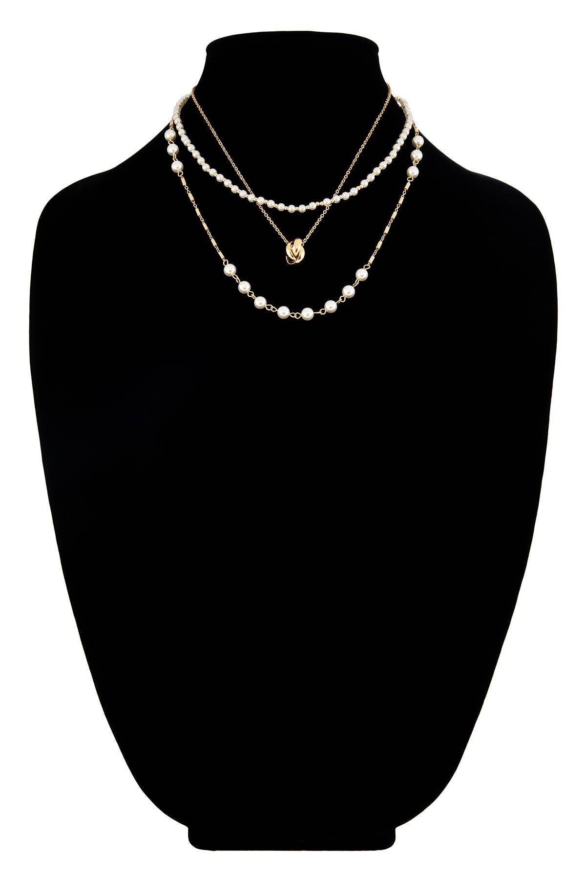 Silver Triple Layer Pearl and Chain Link Necklace { product_type }}