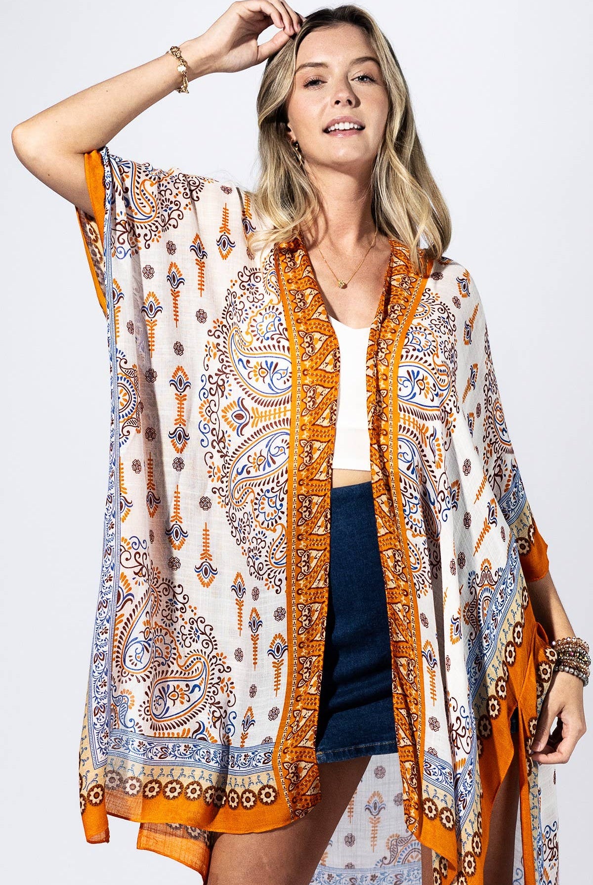 Orange Peel Paisley Border Kimono { product_type }}
