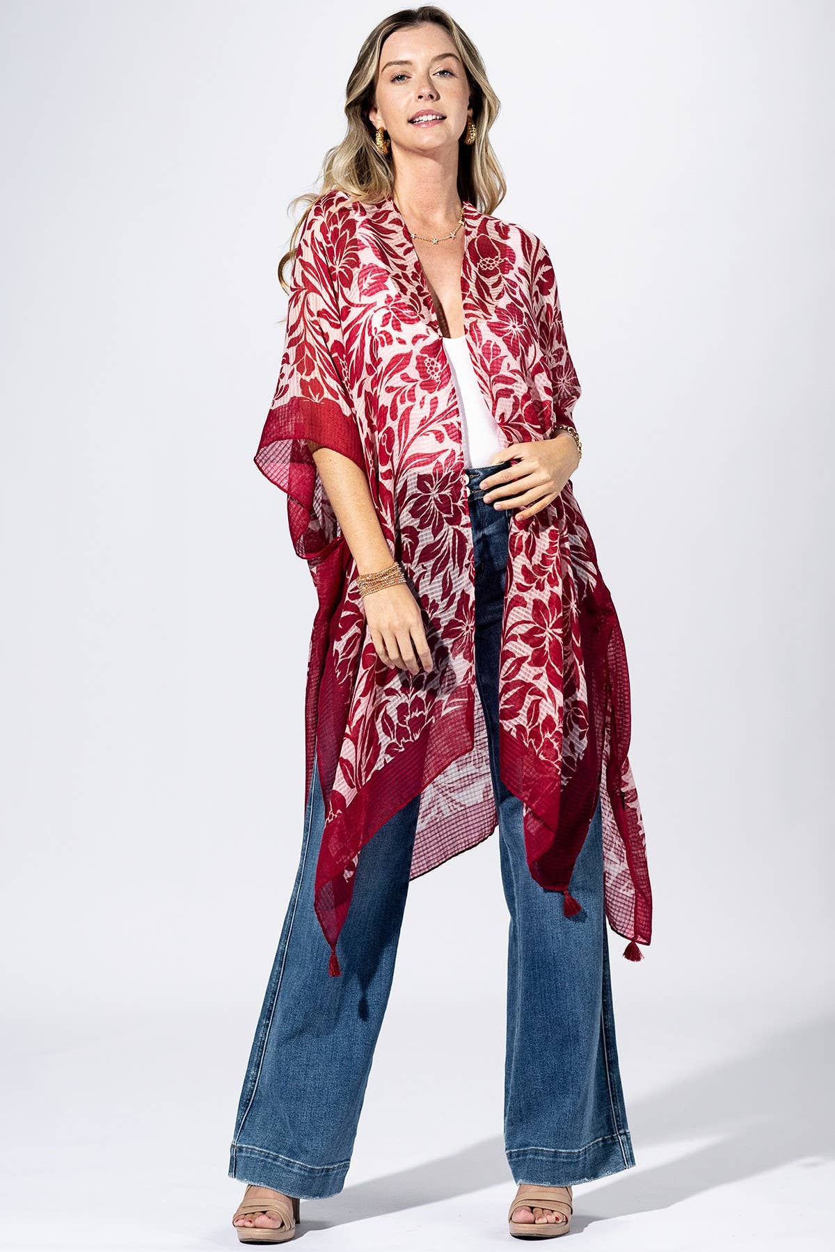 Punch Paisley Border Kimono: PUNCH RED / 2 / One Size-Urbanista-Three Birdies Boutique, Women's Fashion Boutique Located in Kearney, MO