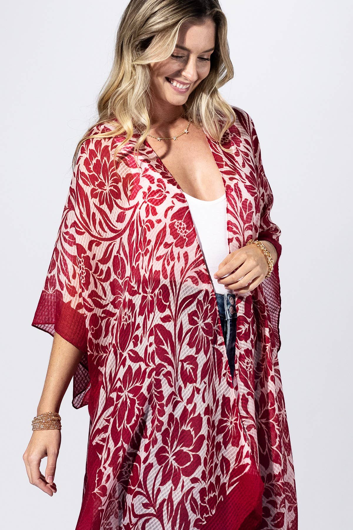Punch Paisley Border Kimono: PUNCH RED / 2 / One Size-Urbanista-Three Birdies Boutique, Women's Fashion Boutique Located in Kearney, MO