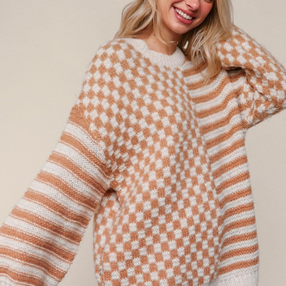 Checker Stripe Sweater-Shirts & Tops-Haptics-Three Birdies Boutique, Women's Fashion Boutique Located in Kearney, MO