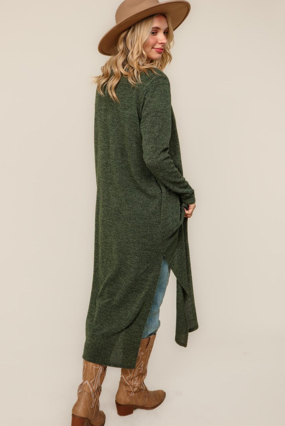 Two Tone Open Duster Cardigan W/ Side Slits Olive-Sweaters-Haptics-Three Birdies Boutique, Women's Fashion Boutique Located in Kearney, MO