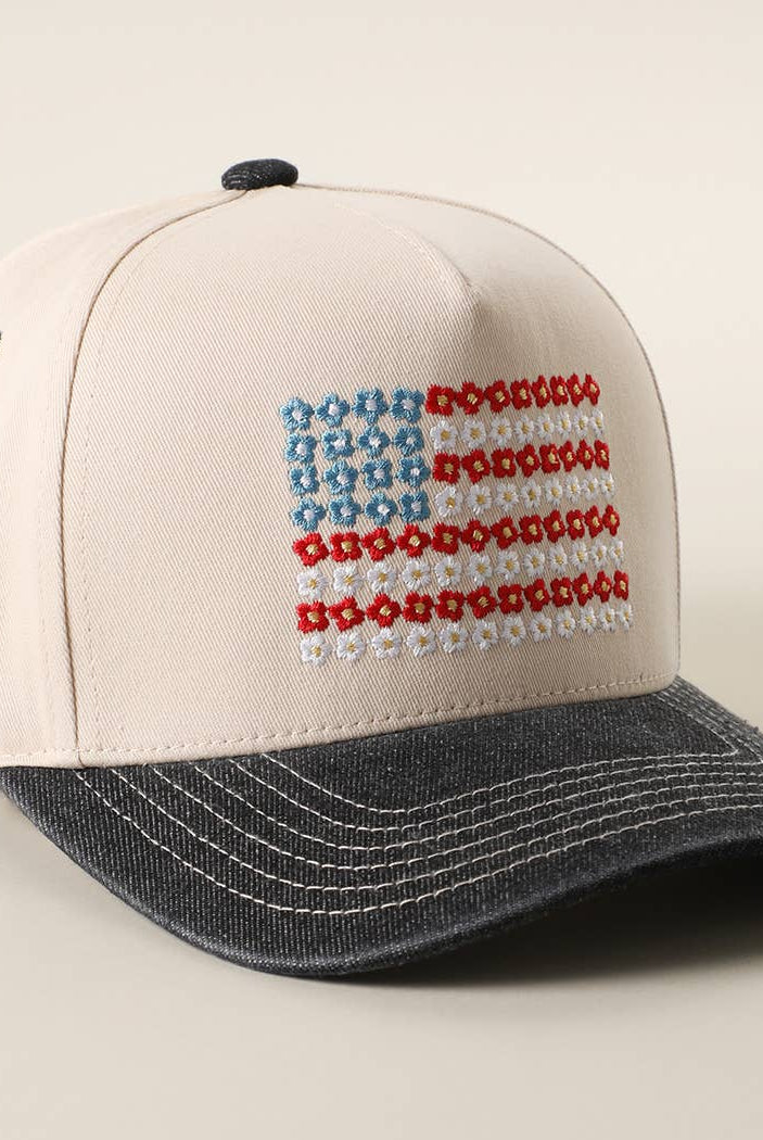Floral American Flag Embroidered Two-Tone Denim Trucker Hat: LT DENIM / ONE SIZE { product_type }}