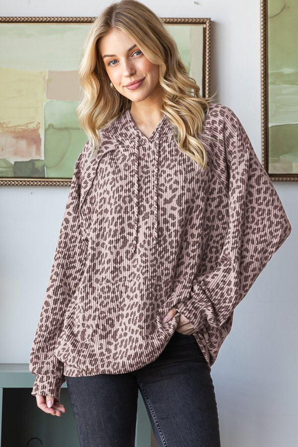 Drawstring Animal Print Hoodie Taupe { product_type }}