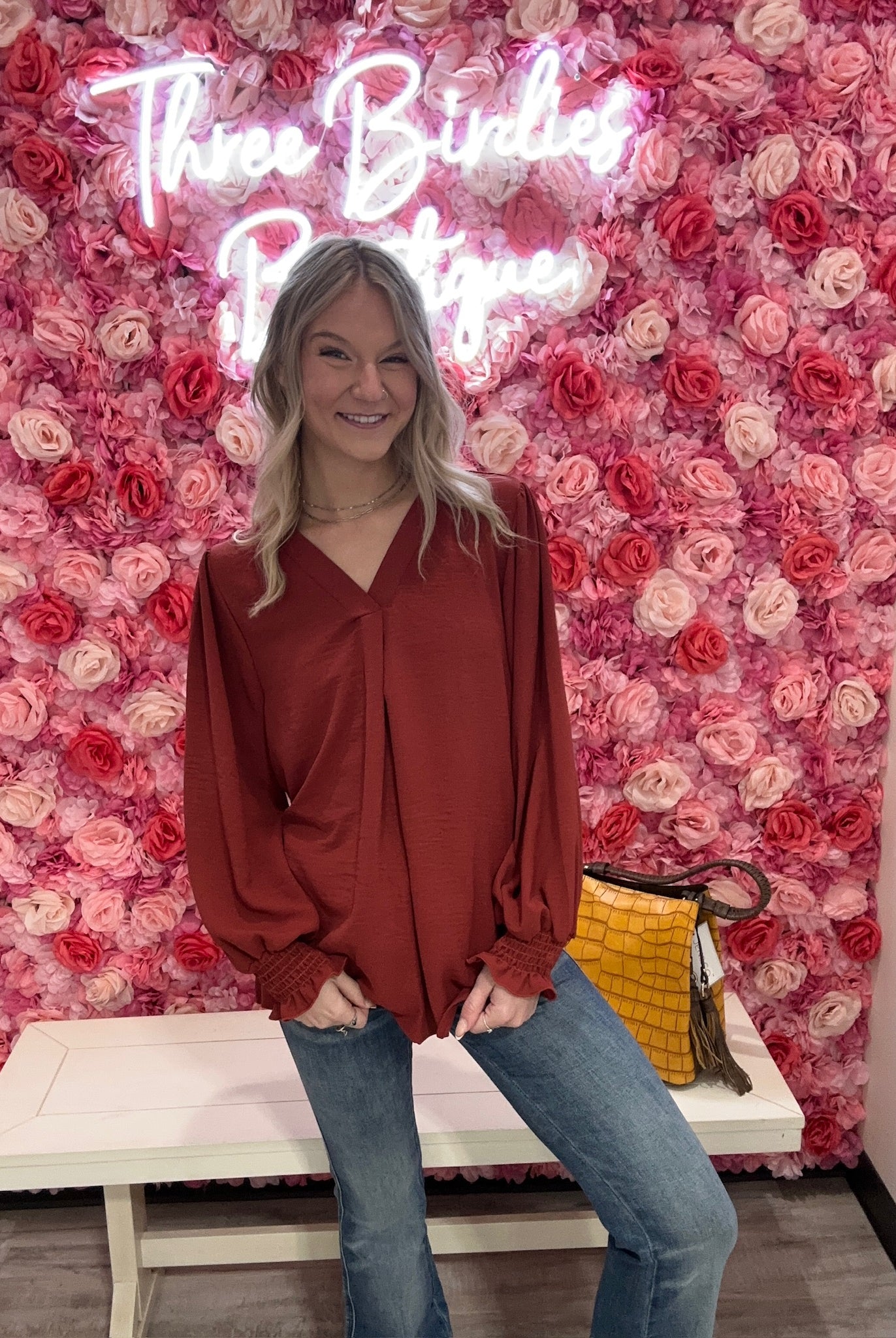 Smocked Bubble Sleeve Blouse-Shirts & Tops-Haptics-Three Birdies Boutique, Women's Fashion Boutique Located in Kearney, MO