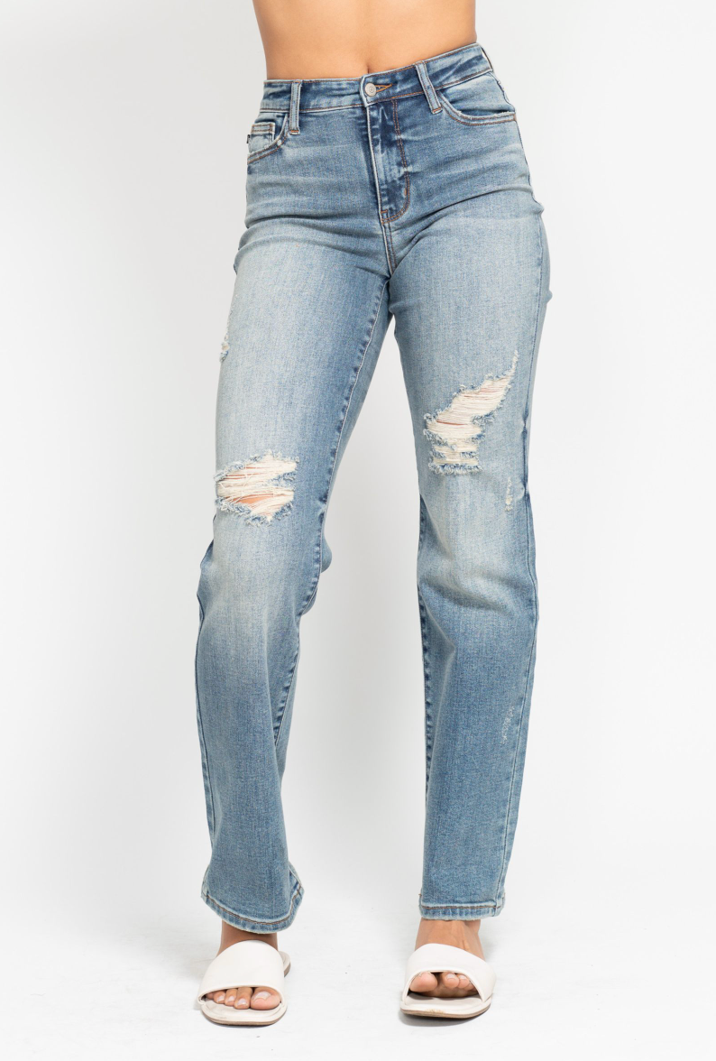 Judy Blue Dad Straight Harsh Tint & Destroy-Denim-Judy Blue-Three Birdies Boutique, Women's Fashion Boutique Located in Kearney, MO