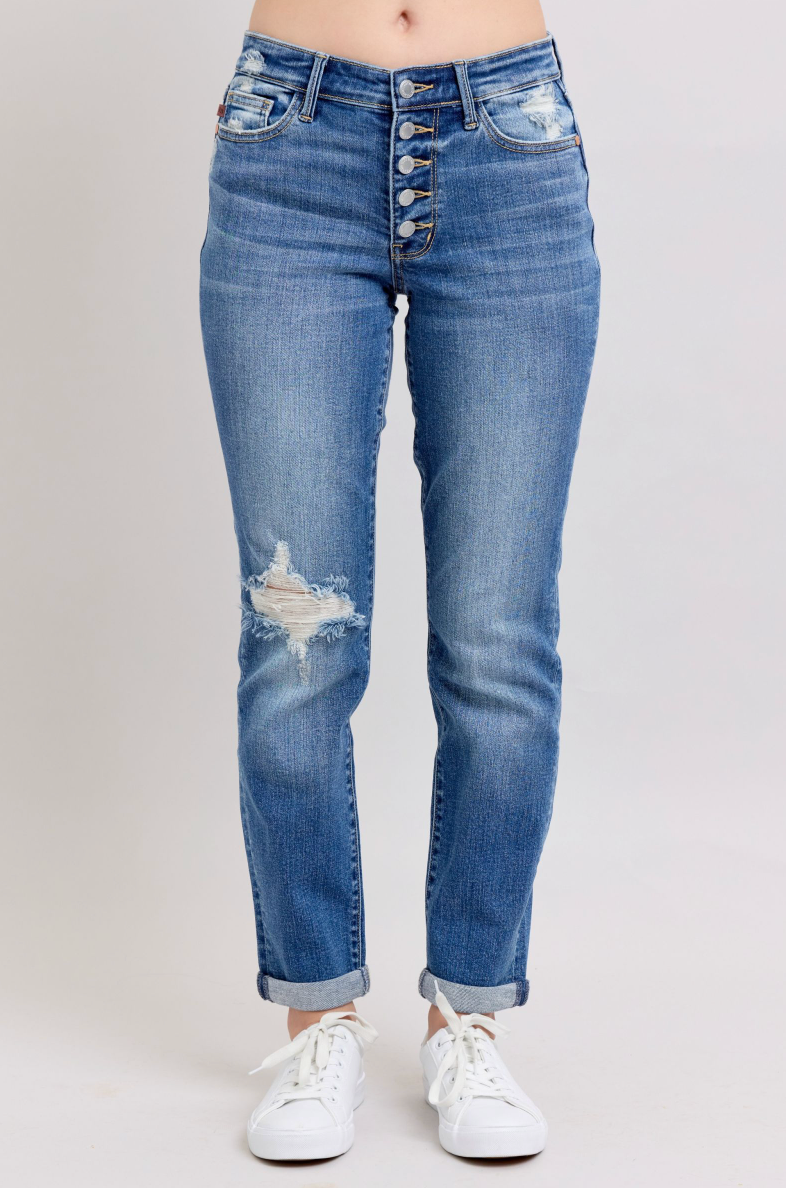 Judy Blue Destroyed Button Fly Boyfriend { product_type }}