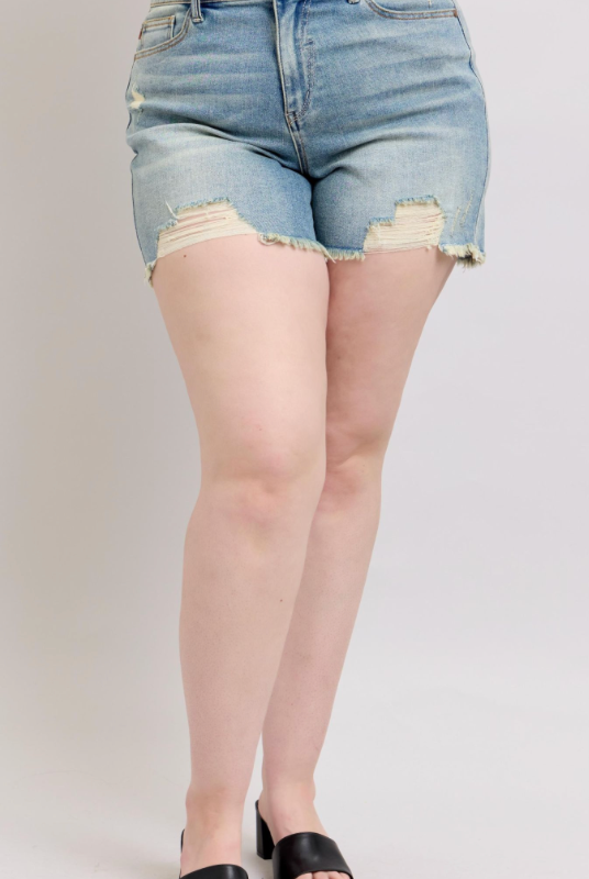 Judy Blue HW Vintage Fly Stitch Destroy Shorts { product_type }}