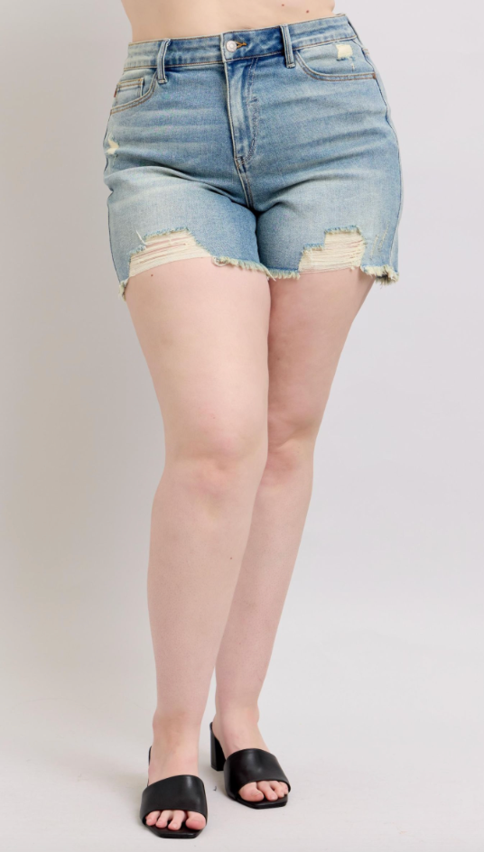Judy Blue HW Vintage Fly Stitch Destroy Shorts { product_type }}