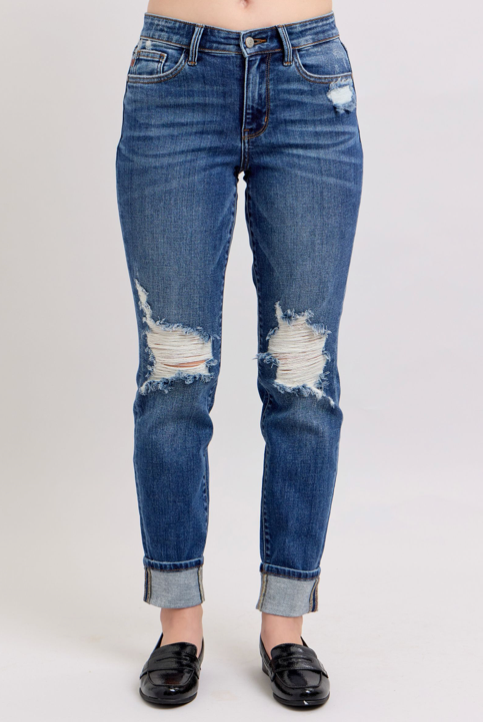 Judy Blue MR BF Fit Destroy Cuffed-Denim-Judy Blue-Three Birdies Boutique, Women's Fashion Boutique Located in Kearney, MO