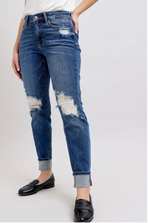 Judy Blue MR BF Fit Destroy Cuffed-Denim-Judy Blue-Three Birdies Boutique, Women's Fashion Boutique Located in Kearney, MO