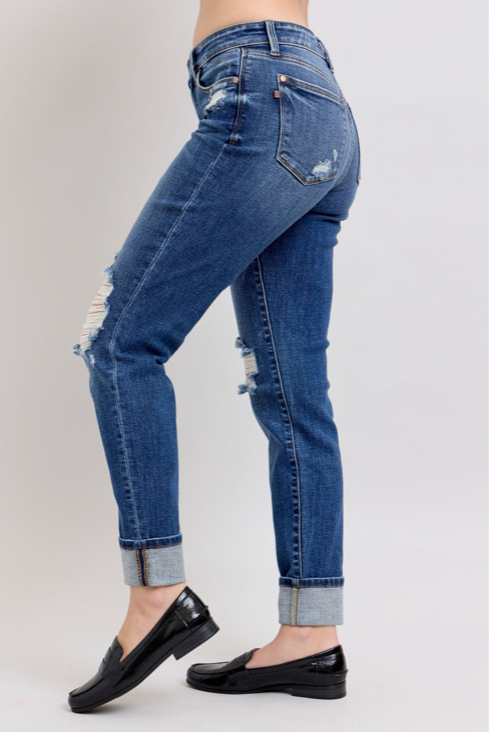 Judy Blue MR BF Fit Destroy Cuffed-Denim-Judy Blue-Three Birdies Boutique, Women's Fashion Boutique Located in Kearney, MO