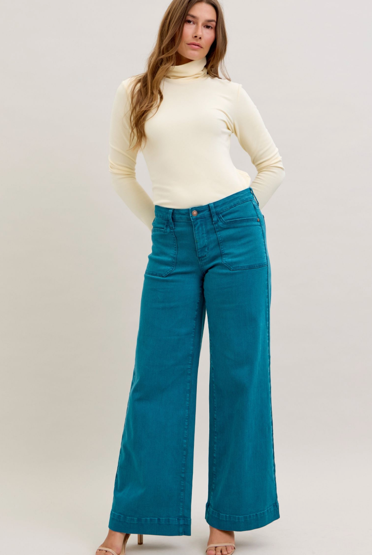 Judy Blue Mid Rise Utility Wide Teal-Denim-Judy Blue-Three Birdies Boutique, Women's Fashion Boutique Located in Kearney, MO