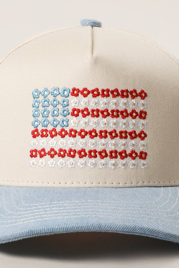Floral American Flag Embroidered Two-Tone Denim Trucker Hat: LT DENIM / ONE SIZE { product_type }}