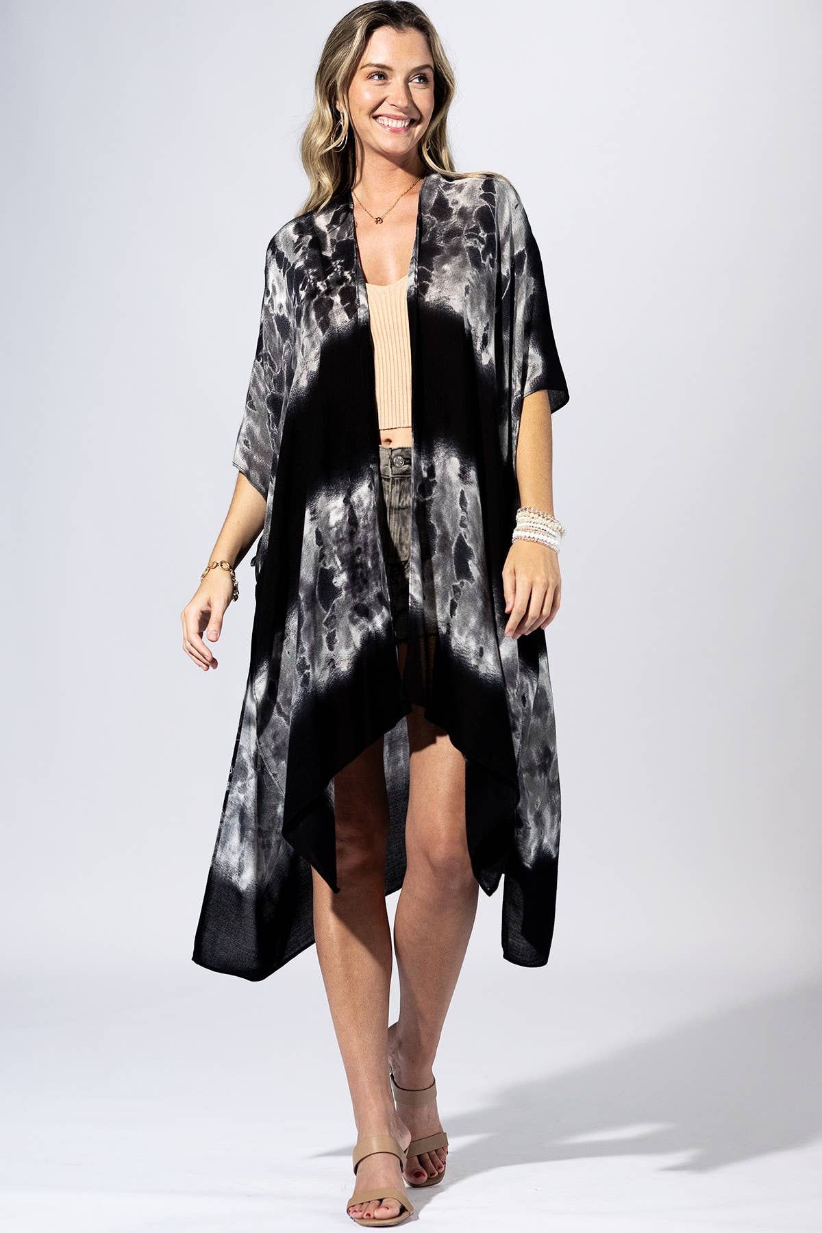 Black Tie-Dye Border Kimono { product_type }}