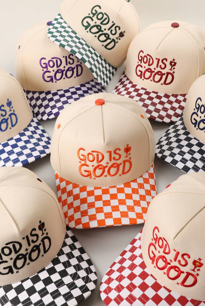GOD IS GOOD Embroidered Checkered Brim Trucker Hat: RED / ONE SIZE { product_type }}