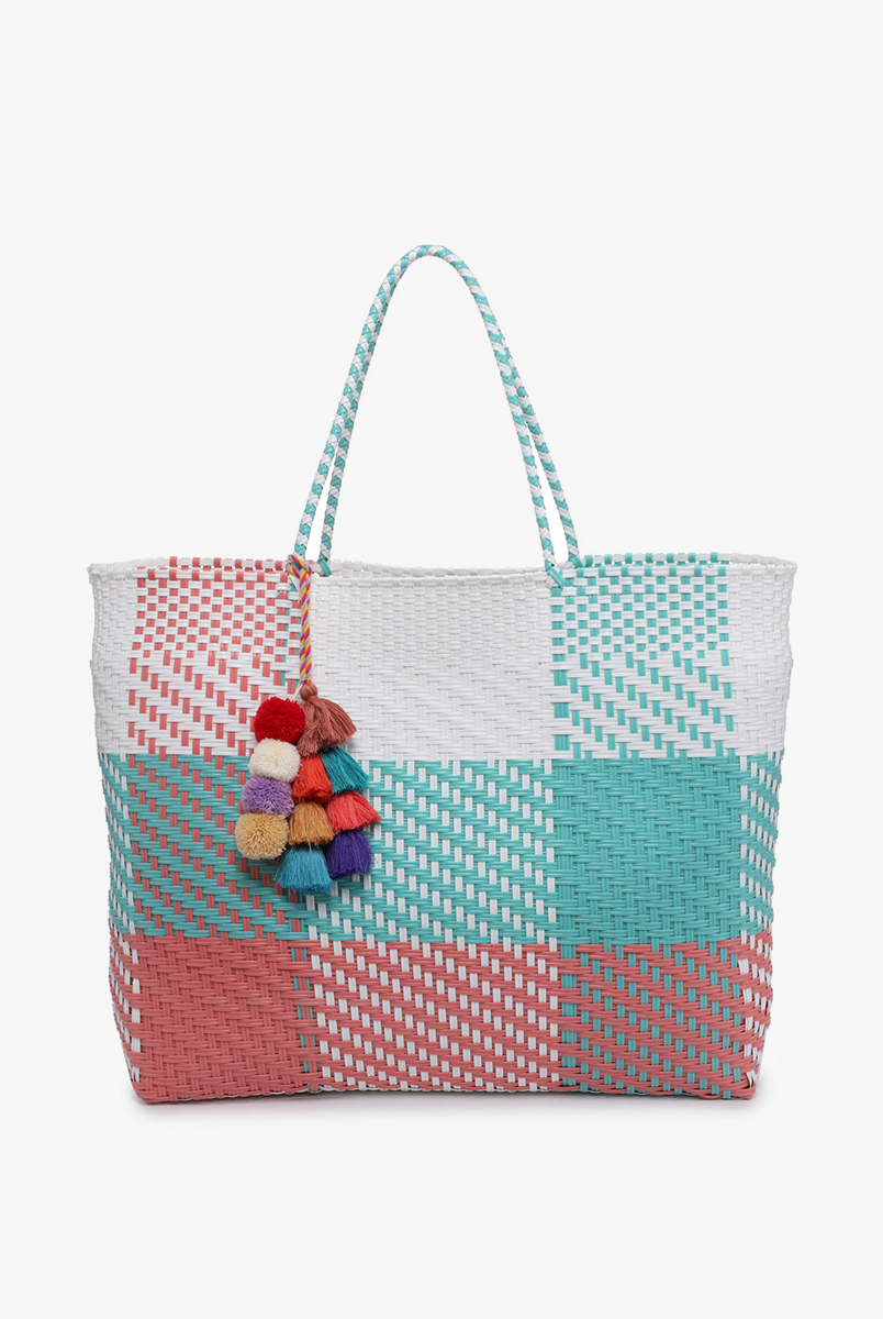 Shelby Large Handwoven Tote with Pom-Poms - Plaid Turquoise/Pink { product_type }}
