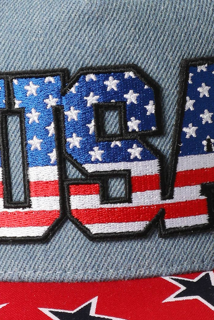 USA Embroidered Letter Patch Denim Trucker Hat: DENIM-RED / ONE SIZE { product_type }}