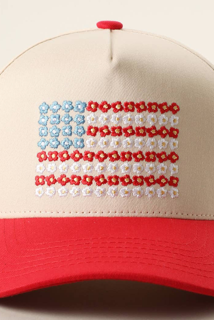 Floral American Flag Embroidered Two-Tone Denim Trucker Hat: LT DENIM / ONE SIZE { product_type }}