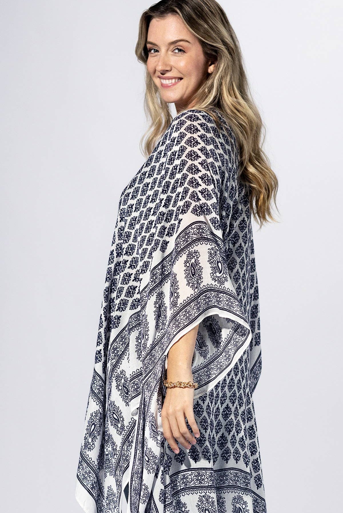 Indigo Mosaic Border Kimono { product_type }}