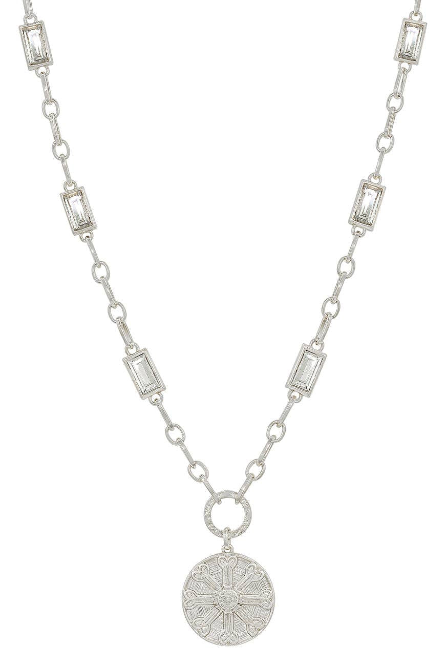 Silver with Rectangle Crystal Chain and Silver Hammered Coin Necklace-Accessories-What's Hot-Three Birdies Boutique, Women's Fashion Boutique Located in Kearney, MO