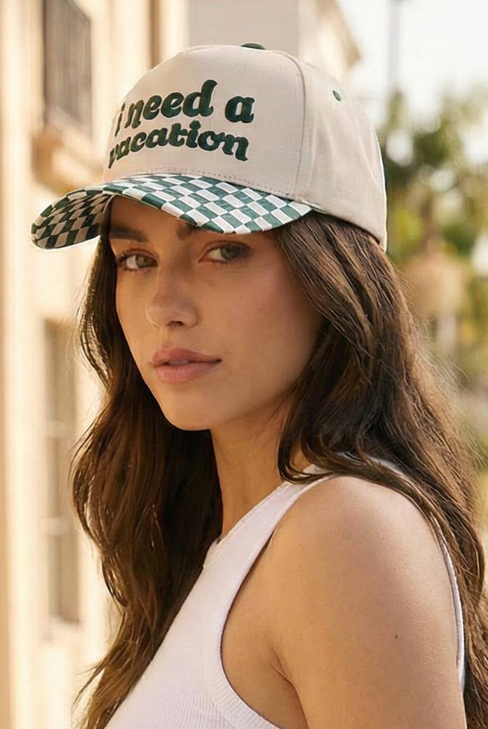 I Need A Vacation Embroidered Checkered Brim Trucker Hat: BLACK / ONE SIZE { product_type }}