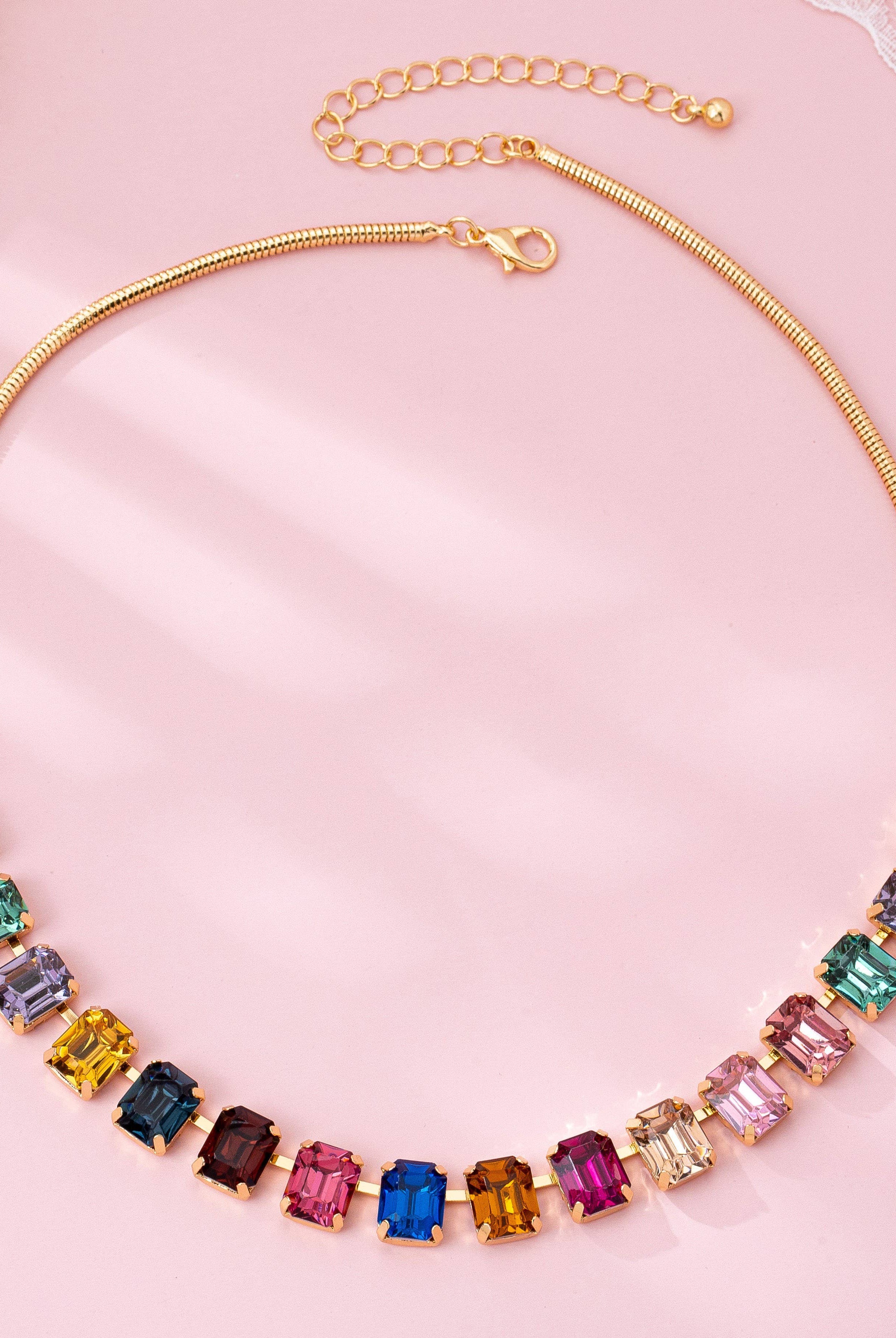 Rainbow Emerald-Cut Gemstone Statement Necklace { product_type }}