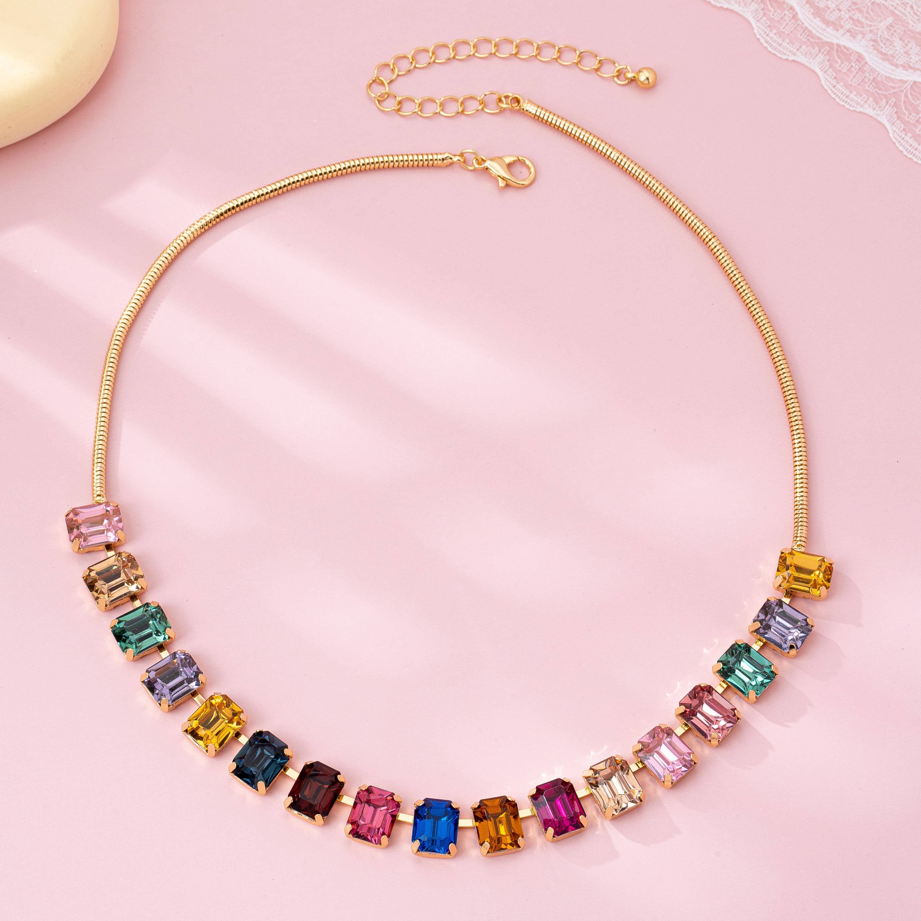 Rainbow Emerald-Cut Gemstone Statement Necklace { product_type }}