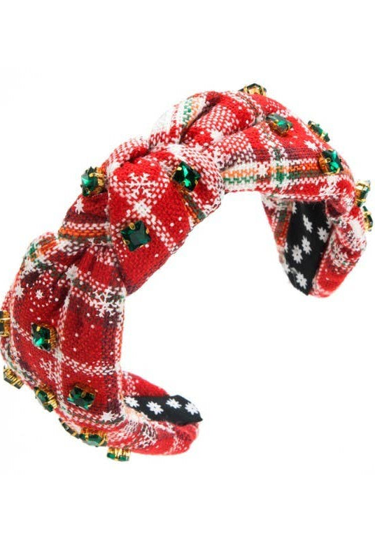 CHRISTMAS PLAID RHINESTONE WIDE KNOTTED HEADBAND | 40HB171: B { product_type }}