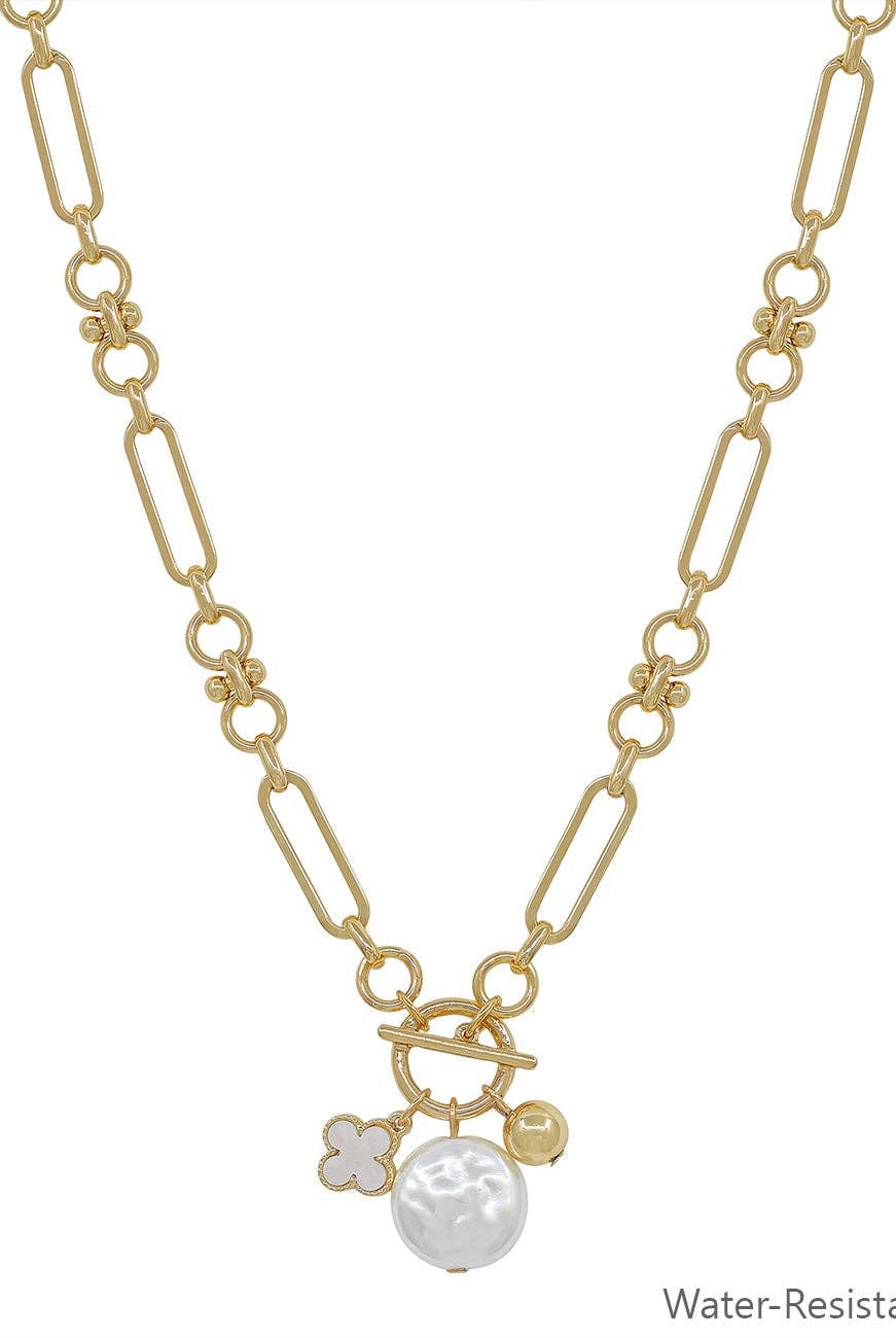 Gold Chain with Pearl, Clover Charms Necklace-Accessories-What's Hot-Three Birdies Boutique, Women's Fashion Boutique Located in Kearney, MO
