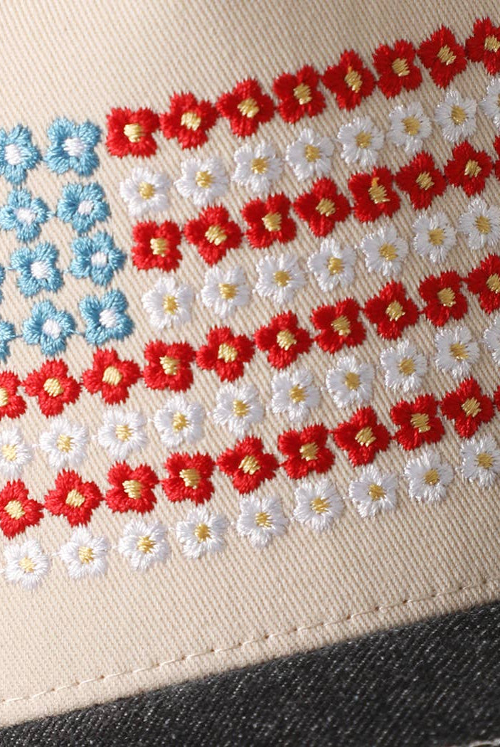 Floral American Flag Embroidered Two-Tone Denim Trucker Hat: LT DENIM / ONE SIZE { product_type }}