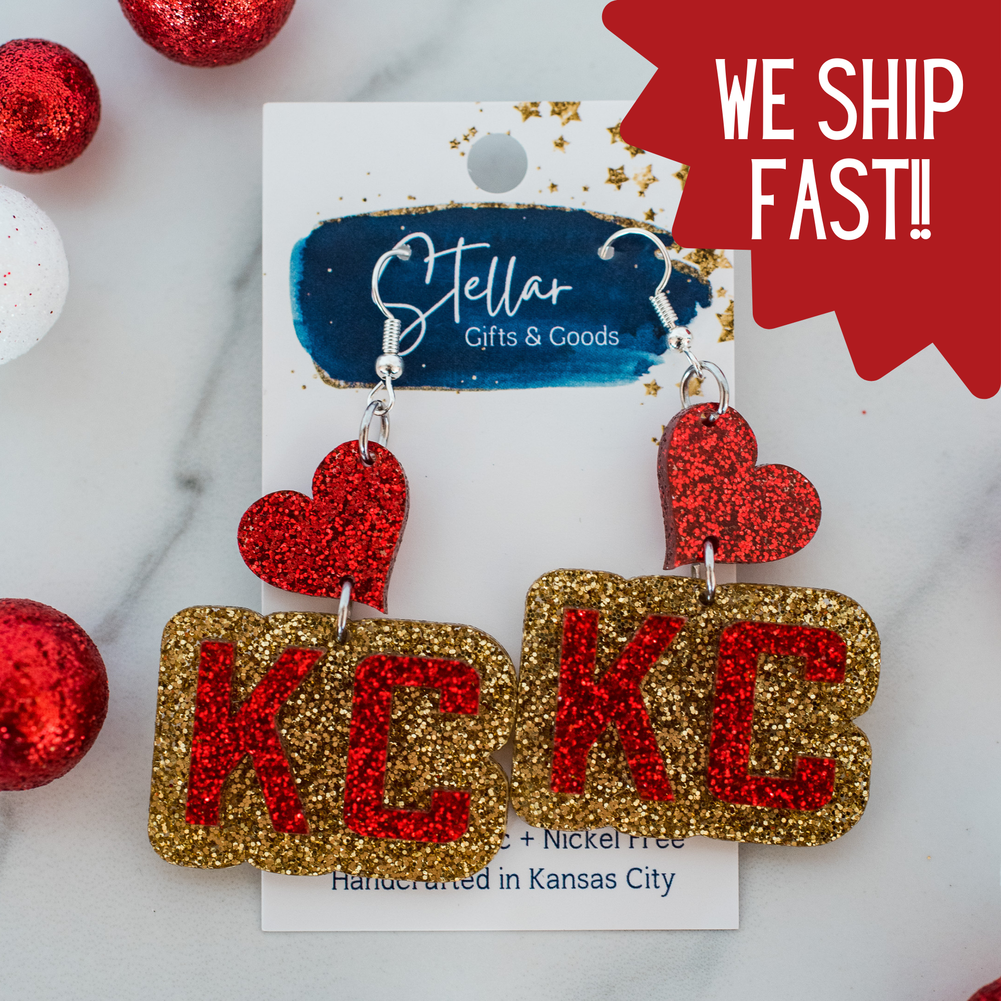 KC Football - Glitter KC Heart Drops Kansas City Red Gold { product_type }}