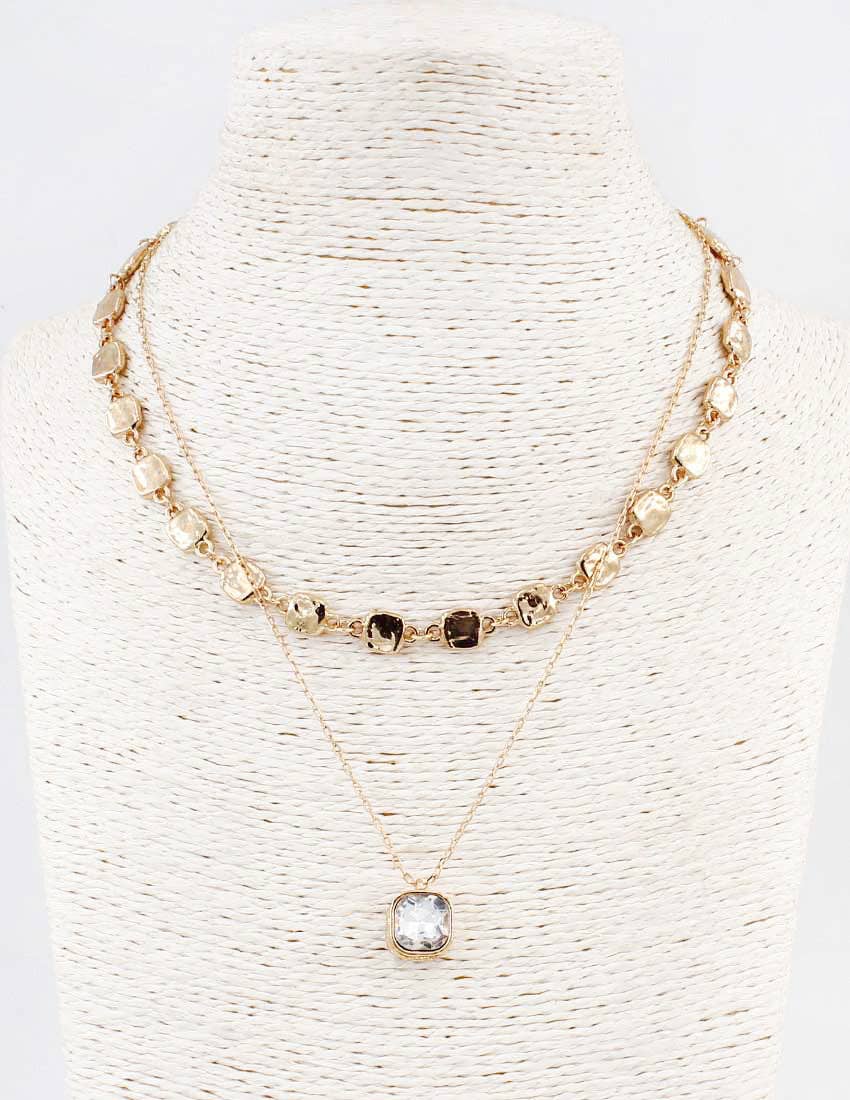 Two Layered Hammered Square with Clear Crystal Drop Necklace-Accessories-What's Hot-Three Birdies Boutique, Women's Fashion Boutique Located in Kearney, MO
