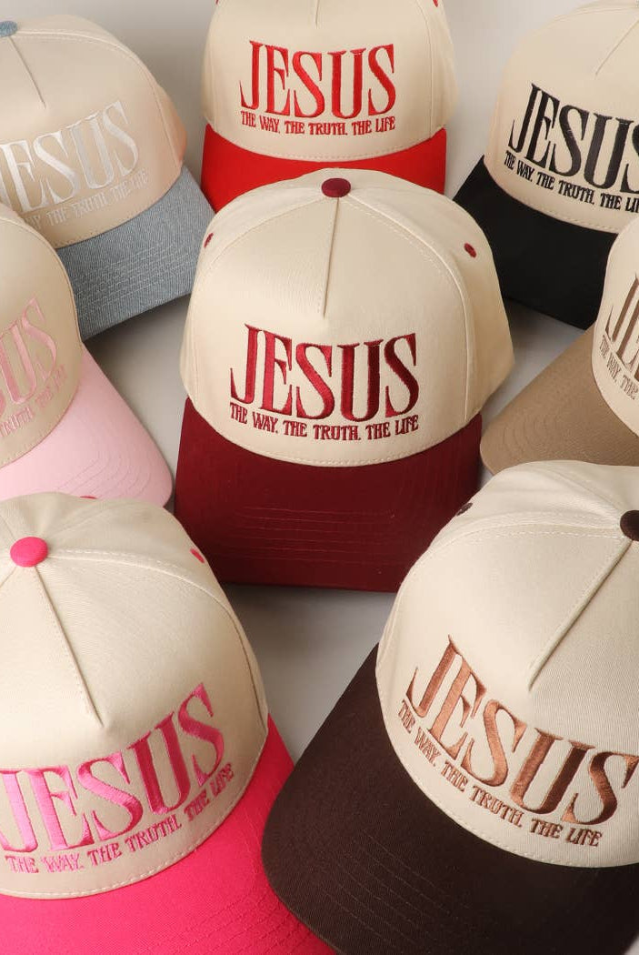 JESUS Typography Embroidered Trucker Hat : BLACK / One Size { product_type }}