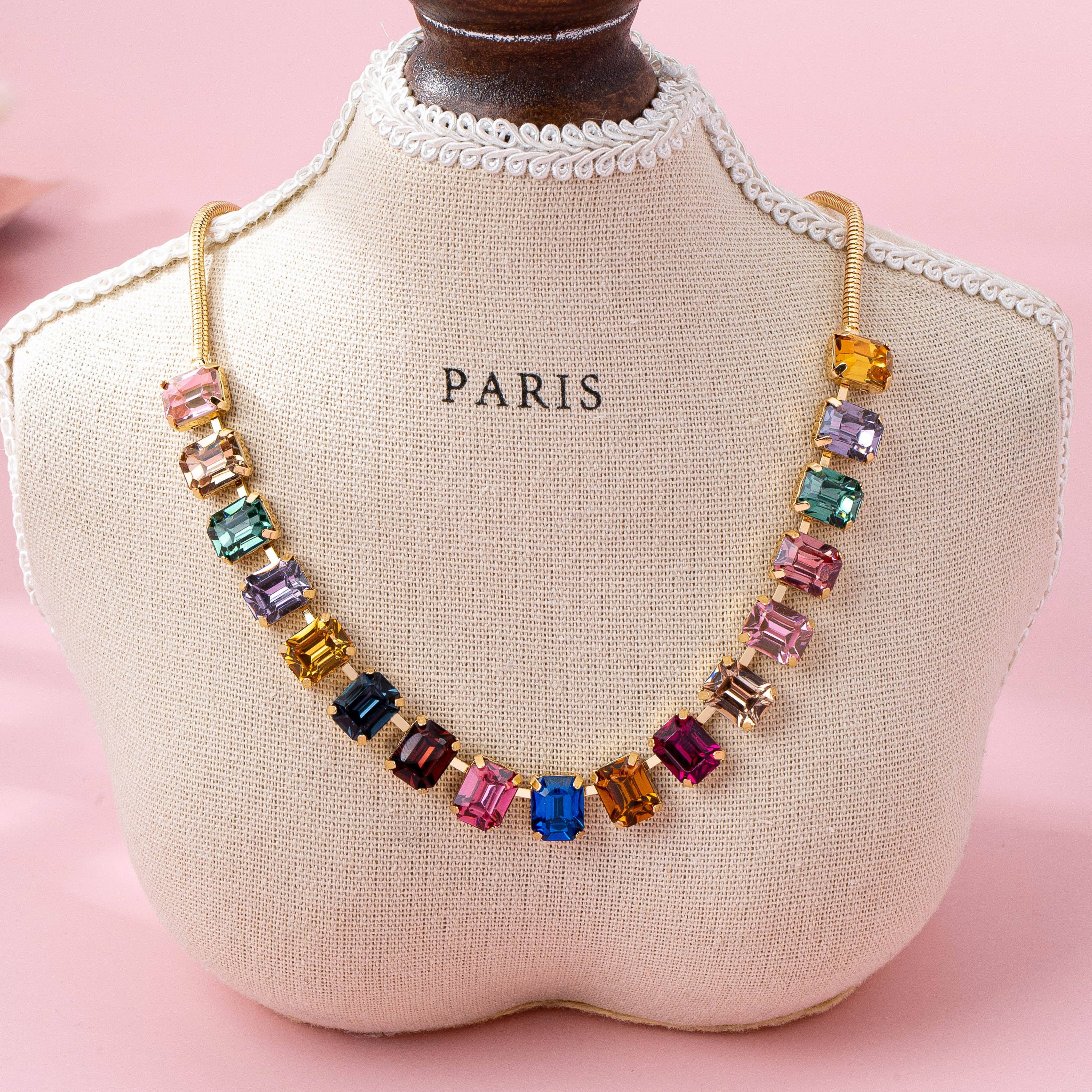 Rainbow Emerald-Cut Gemstone Statement Necklace { product_type }}