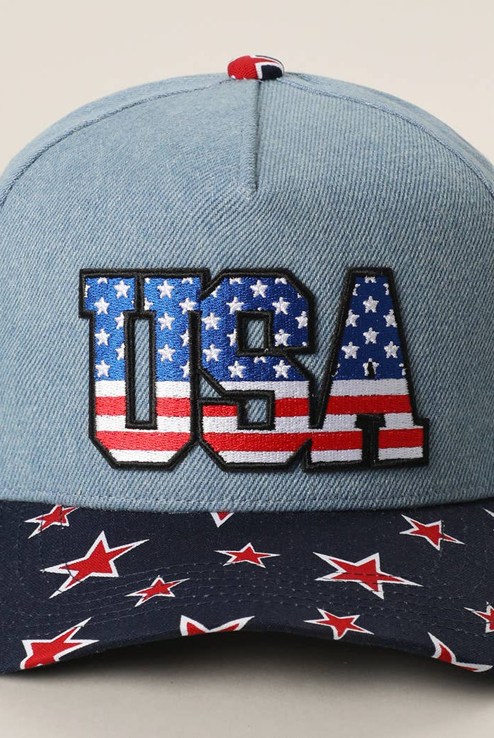 USA Embroidered Letter Patch Denim Trucker Hat: DENIM-RED / ONE SIZE { product_type }}