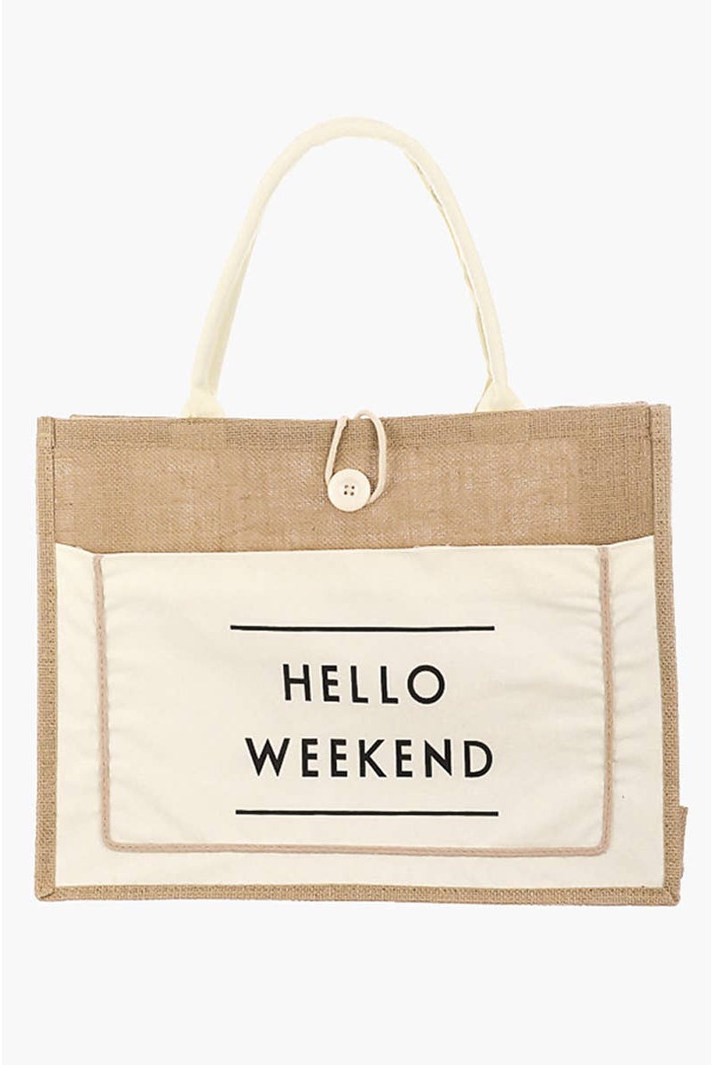 Hello Weekend Burlap Tote Bag: BK { product_type }}