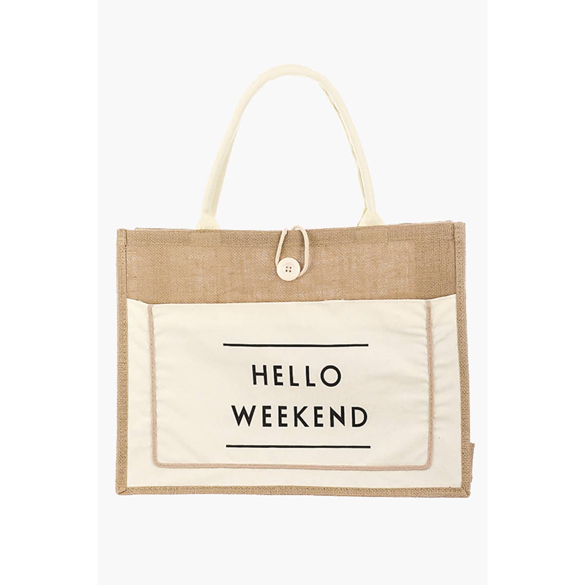 Hello Weekend Burlap Tote Bag: BK { product_type }}