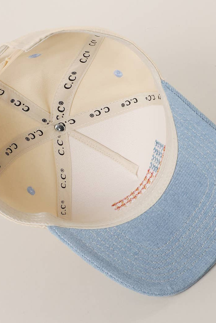 Floral American Flag Embroidered Two-Tone Denim Trucker Hat: LT DENIM / ONE SIZE { product_type }}