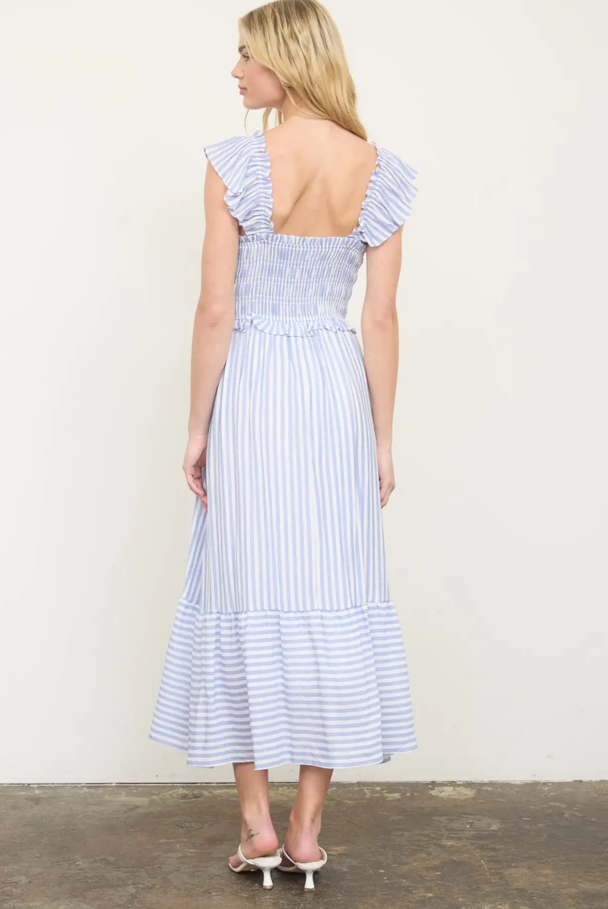 Stripe Smocked Ruffle Trim Midi Dress-Dress-Blu Pepper-Three Birdies Boutique, Women's Fashion Boutique Located in Kearney, MO