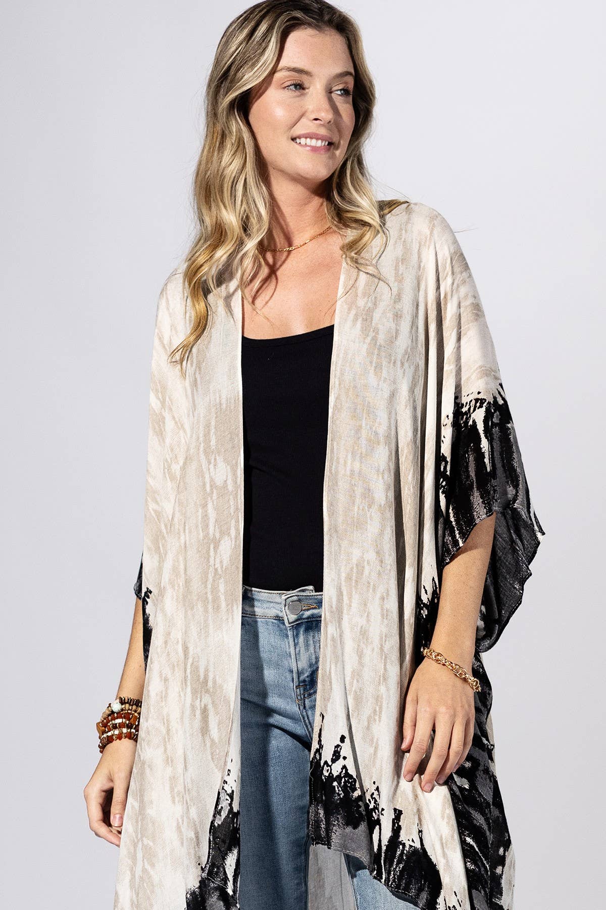 Black Beige Border Kimono: BLACK/BEIGE / 2 / One Size-Urbanista-Three Birdies Boutique, Women's Fashion Boutique Located in Kearney, MO