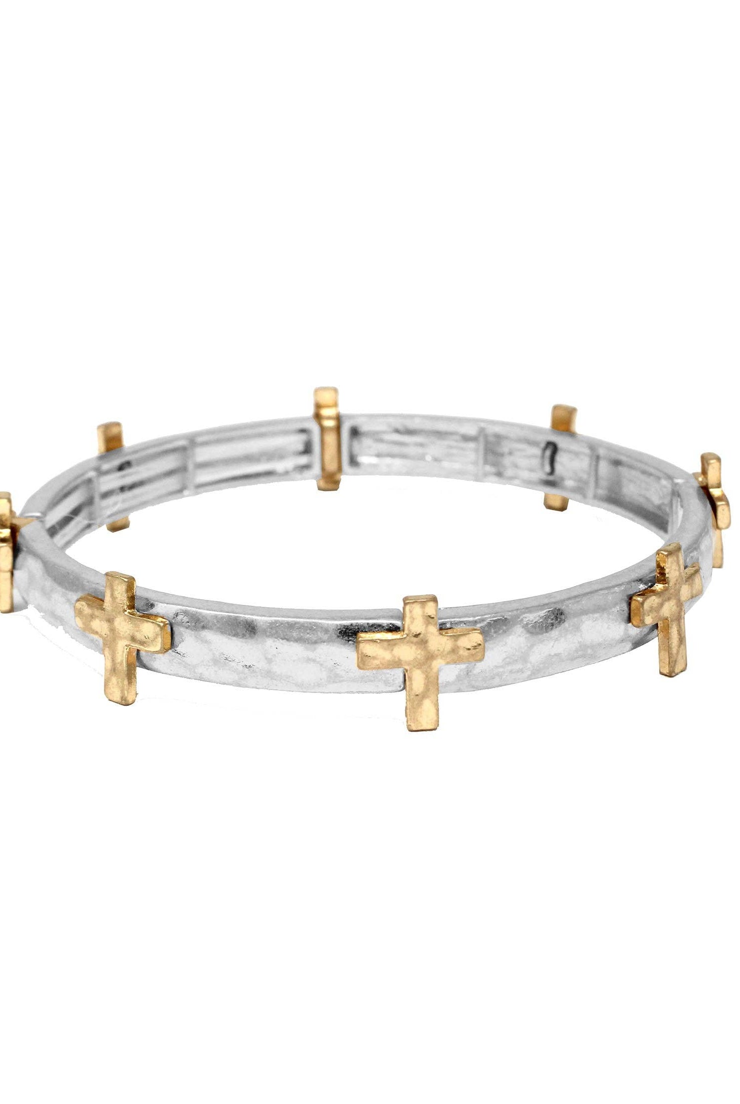 Silver Hammered Stretch Bracelet with Gold Cross Accents-Accessories-What's Hot-Three Birdies Boutique, Women's Fashion Boutique Located in Kearney, MO