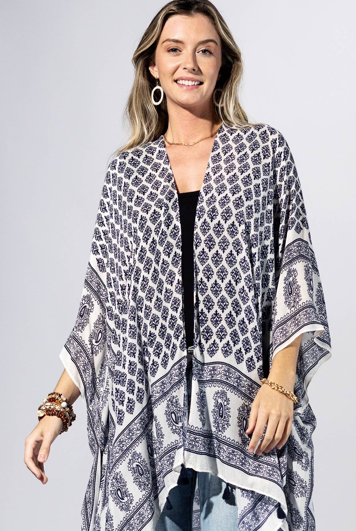 Indigo Mosaic Border Kimono { product_type }}