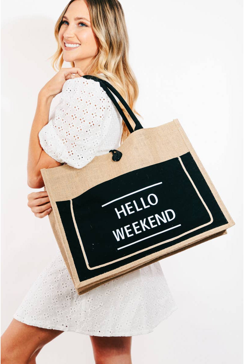 Hello Weekend Burlap Tote Bag: BK { product_type }}