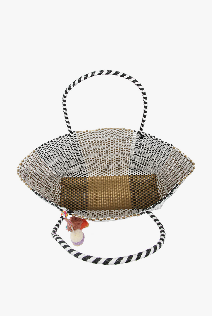 Shelby Large Handwoven Tote with Pom-Poms - Plaid Turquoise/Pink { product_type }}