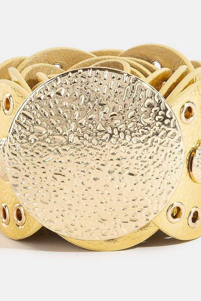 Hammered Disc Accent Faux Leather Panel Link Belt: BZG { product_type }}