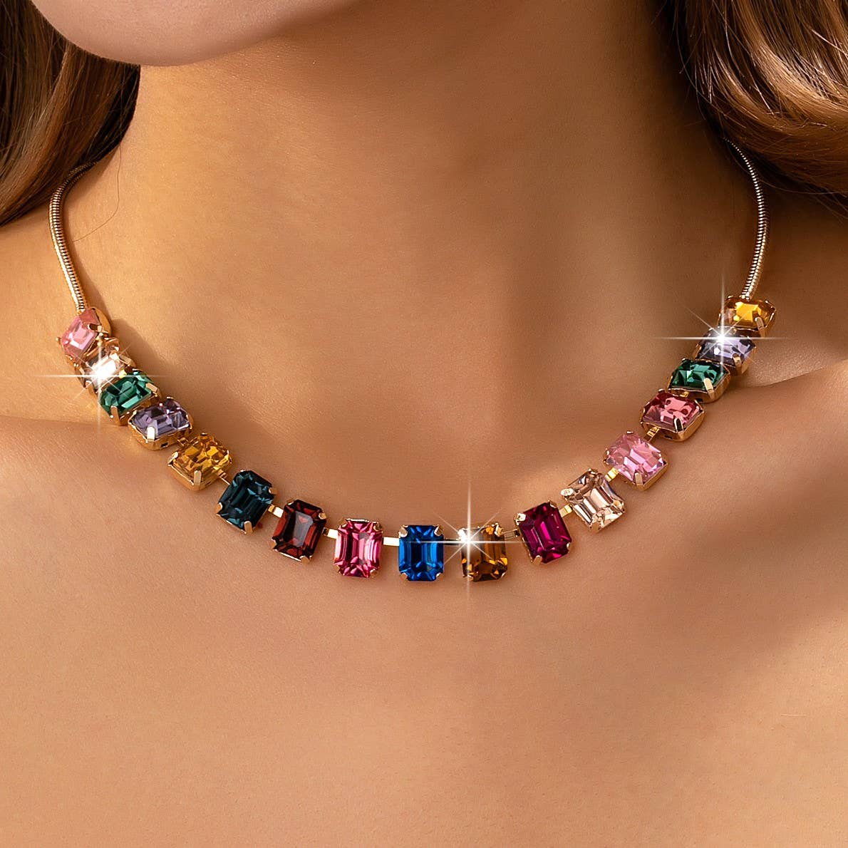 Rainbow Emerald-Cut Gemstone Statement Necklace { product_type }}