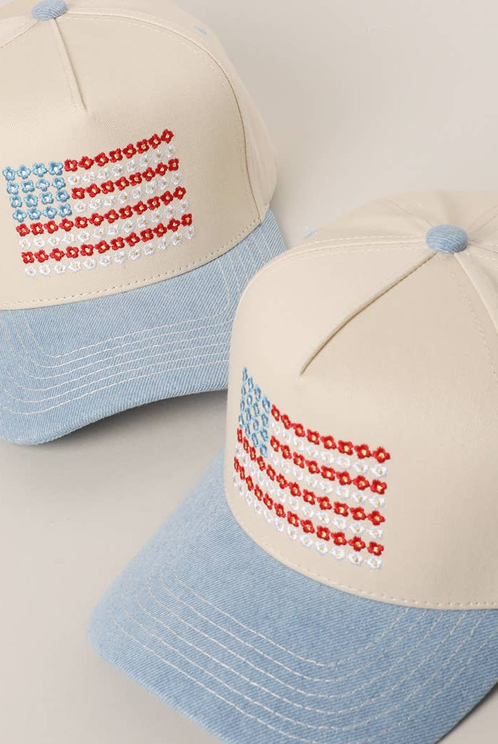 Floral American Flag Embroidered Two-Tone Denim Trucker Hat: LT DENIM / ONE SIZE { product_type }}