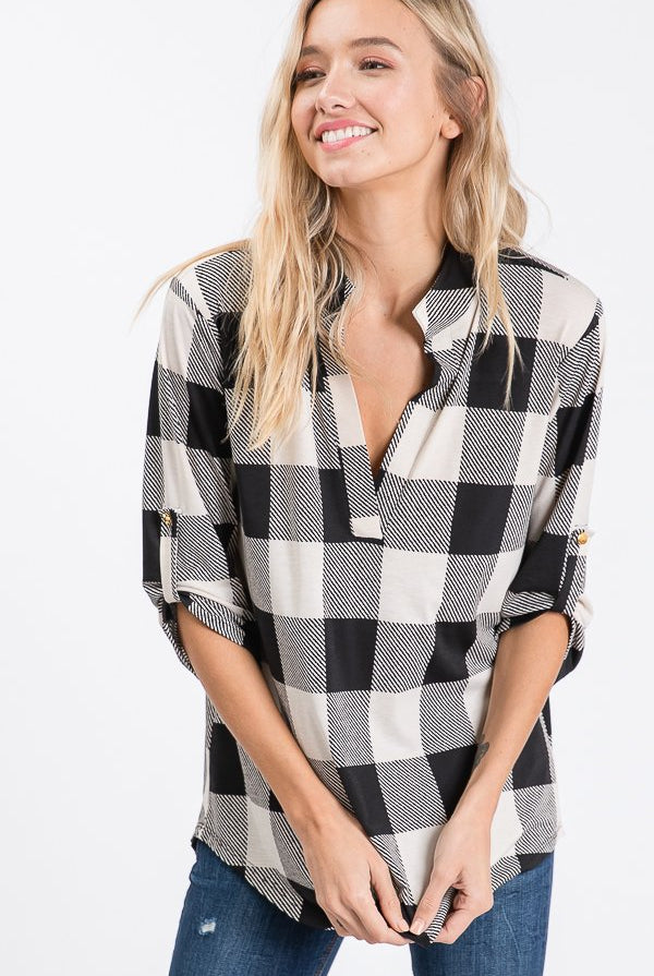 Plaid 3/4 Sleeve Blouse Black/Ivory { product_type }}