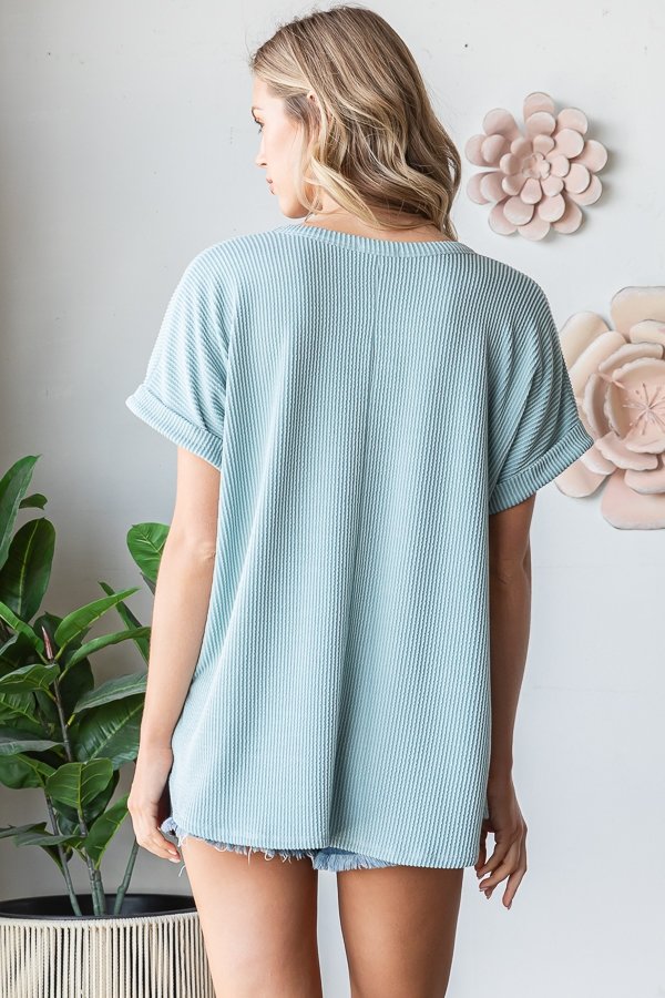 Folded Sleeve Ribbed Top { product_type }}